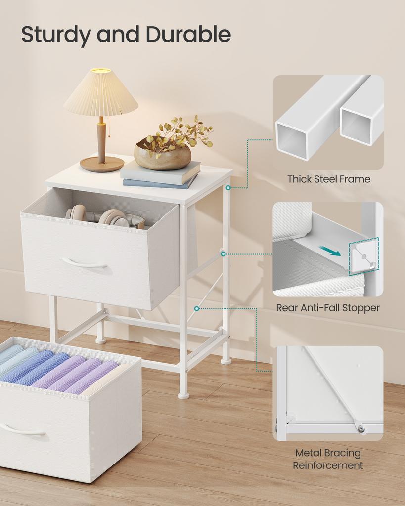 SONGMICS BELLAH Collection - Bedside Table with 2 Drawers, Side End Table, for Bedroom, Steel, Modern, Cloud White and Snow White