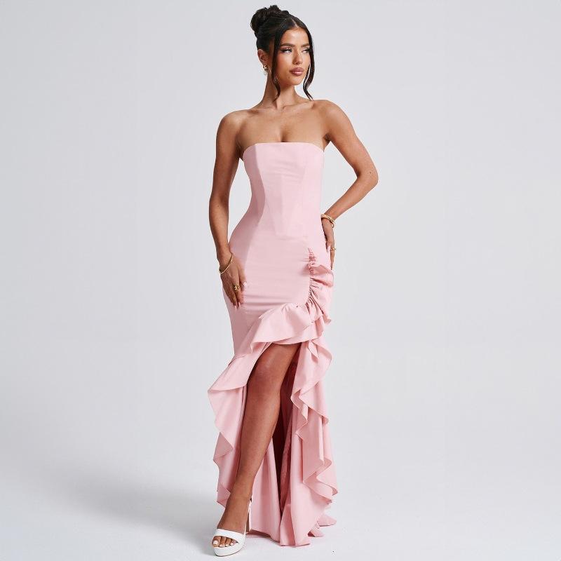 Summer Elegant Women'S Fashion Strapless Sleeveless Sitt Open-Back Packed Tail Dress European American Style