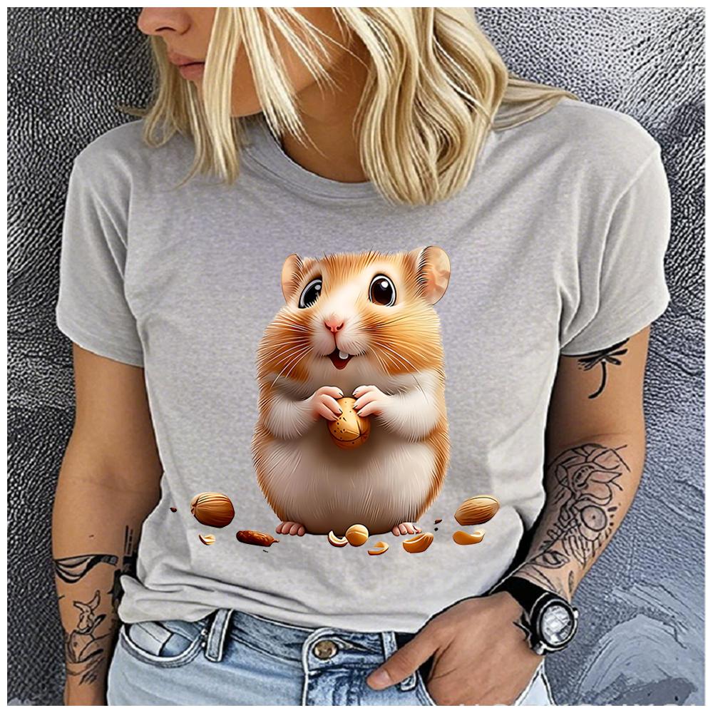 Unisex Cotton Summer Top A chubby cartoon little hamster Print Loose round Neck Short Sleeve Fashion for Lovers