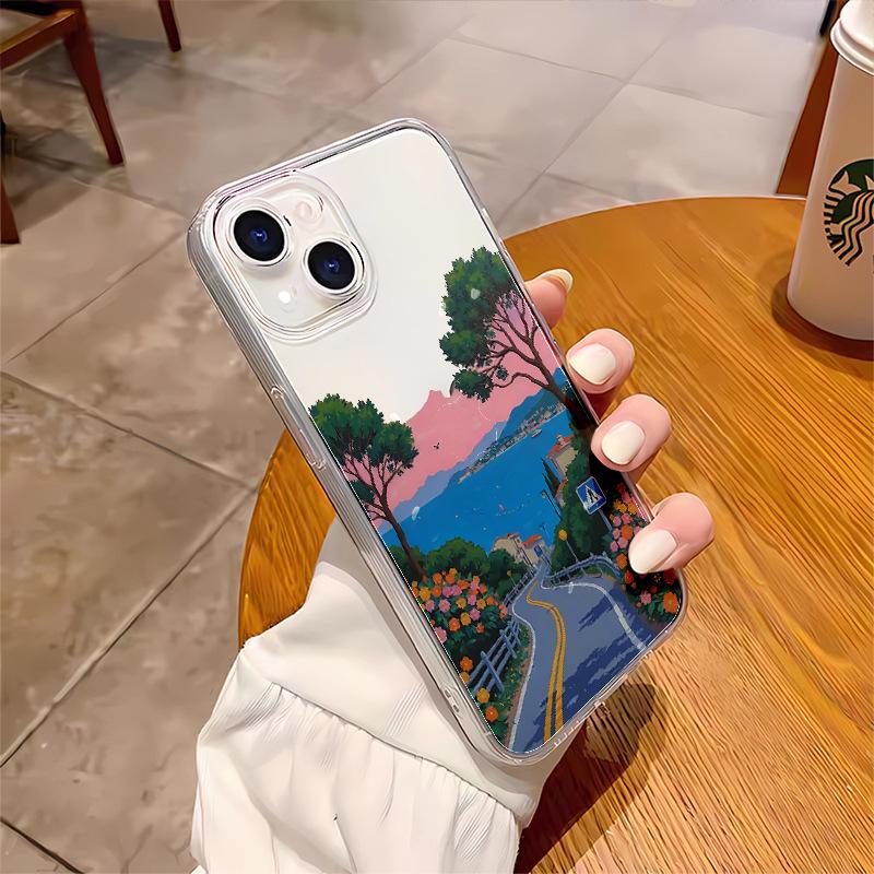 Applicable to Apple mobile phone case 15pro animation aesthetic landscape iphone16 transparent case 17 soft silicone 14 all-inclusive