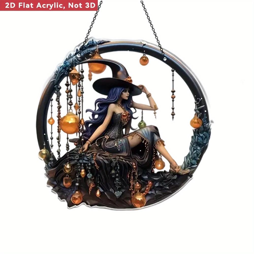 2D Flacher Halloween Traumfänger Anhänger - 2D Acryl Hexe mit Hängedekor mit Halbmond, Tropfenanhänger und Juwelenverzierung