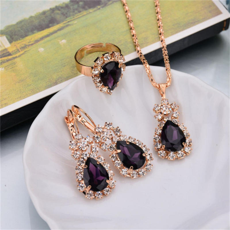 Fashion Women Water Drops Coloured Water Drill Necklace Earrings Ring Set Shining Bride Jewelry