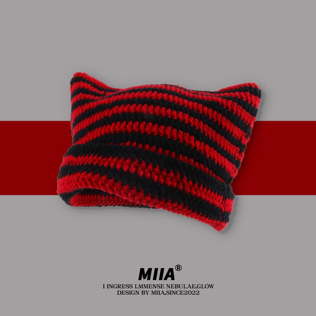 Nowa japońska czapka beanie Ins Mały Diabeł Pasiasta Dzianinowa Wełniana Czapka Jesień Zima Ciepła Urocza Uszy Kota Szpiczasta Pulower Damskie Czapki