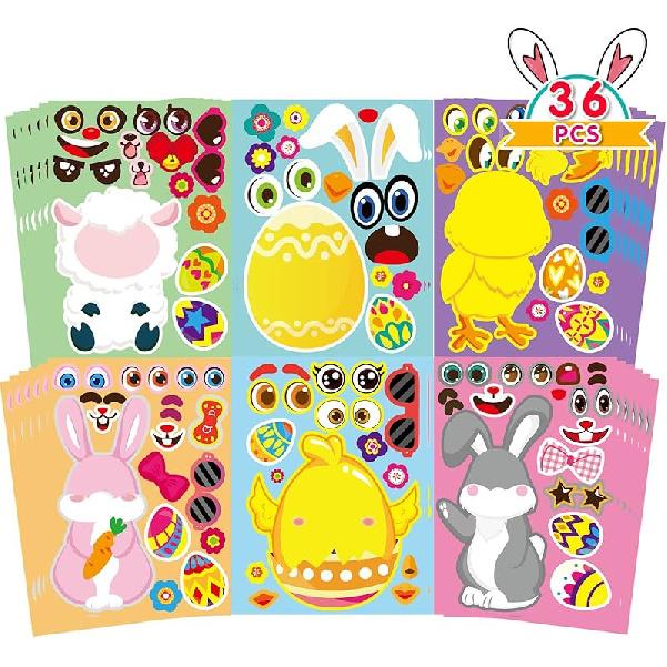 24 Sheets Easter Make-a-face Stickers for Kids, Make Your Own Easter Sticker for Boys Girls, Easter Eggs Bunny Chick Farm Animal Lamb Face Stickers Easter Animal Face Sticke