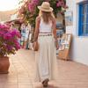 Women Elastic Waist Long Skirt Cotton Linen Blend Bohemian Style Maxi Skirt with Vintage Waist Chain for Casual Holiday Beachwear
