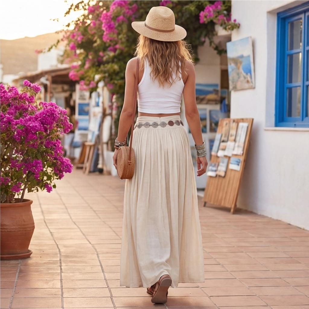 Women Elastic Waist Long Skirt Cotton Linen Blend Bohemian Style Maxi Skirt with Vintage Waist Chain for Casual Holiday Beachwear