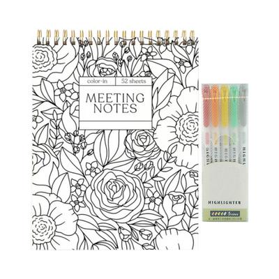 Renkli Spiralli Defter ve Günlük Planlayıcı, Güzel Çiçekli Tasarım Günlük, Çiçekli Notlar Boyama Kitabı, 5 Adet 1ml Vurgulayıcı ile Donatılmış