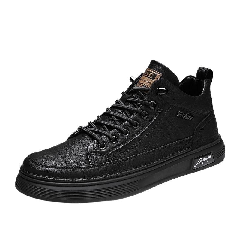 Autumn Men's Shoes New Breathable High-top Shoes Men's Trend Versatile Black Leather Shoes Casual Non-slip Chef Shoes Board Shoes