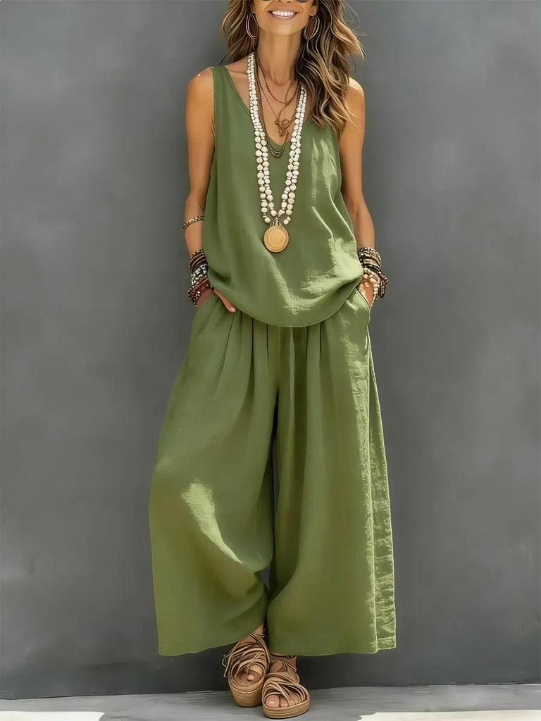 Solid Color Women's V-Neck Sleeveless Vest & Two-Piece Set for Cross-Border E-commerce.