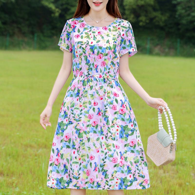 Letnia kobieta elegancka sukienka nowa dorywczo z krótkim rękawem ubrania w stylu koreańskim damska długa sukienka z nadrukiem w stylu vintage