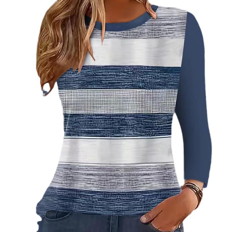 European & American Color Block Round Neck Long Sleeve Women's Pullover Top - 2024 Autumn/Winter Collection