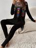 Women's clothing European and American casual ethnic printing pullover round neck large size long-sleeved women's T-shirt set WA11 + WC1