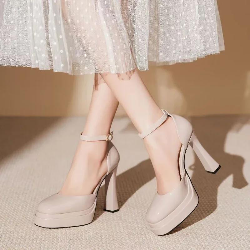 Fashion Women's Super High Heels Pointed Tip Thick Heel Ankle Strap Platform Heels Side Cutout Sexy Wedding Banquet Sandalias De Mujer
