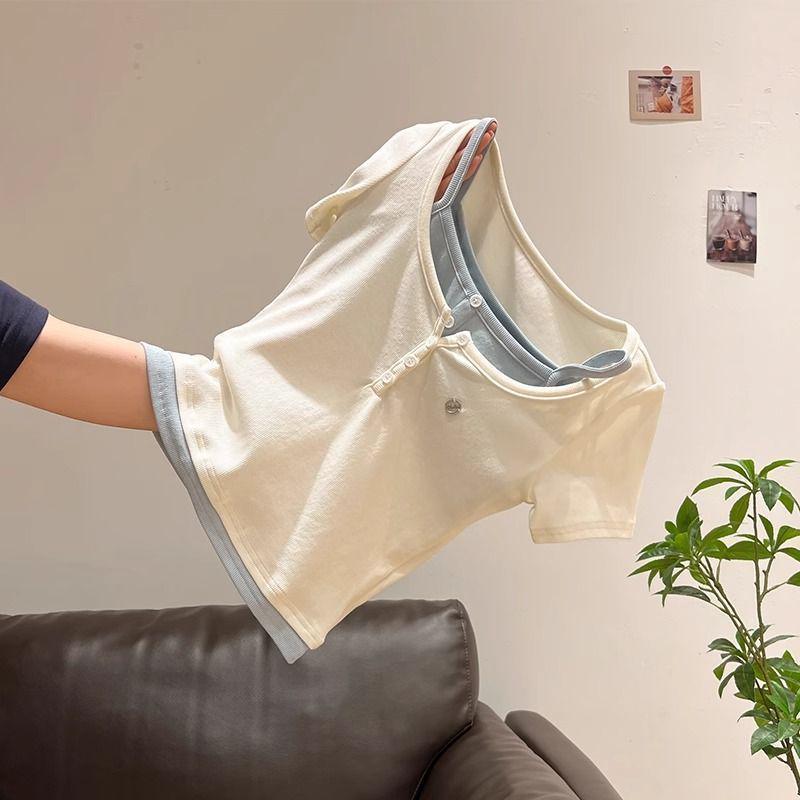 Korean Style Chic Color Block Patchwork Half-Open Collar Short Sleeve T-Shirt for Women