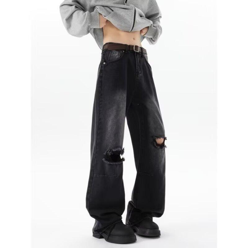 High Street Washed Old Ripped Jeans Men's Summer ins Trend High Street Vintage Loose Straight Casual Pants