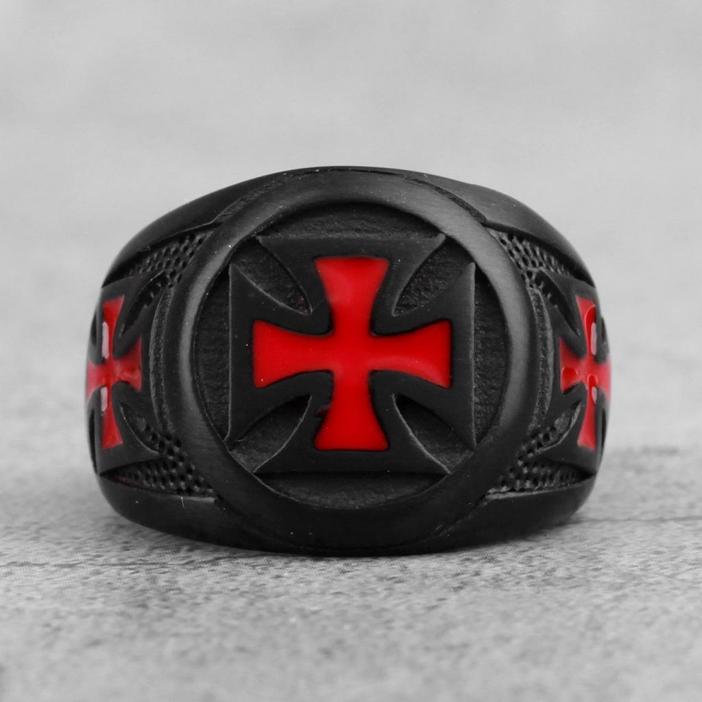 Anelli Uomo Acciaio Inossidabile Nero Croce Rossa Religione Punk Hip Hop per Ragazzo Fidanzato Gioielli Biker Regalo Creativo