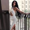 European and American Style Women's Clothing Hollow Fashion Split Pleated Backless Hip Skirt Cross Neck Solid Color Long Dress