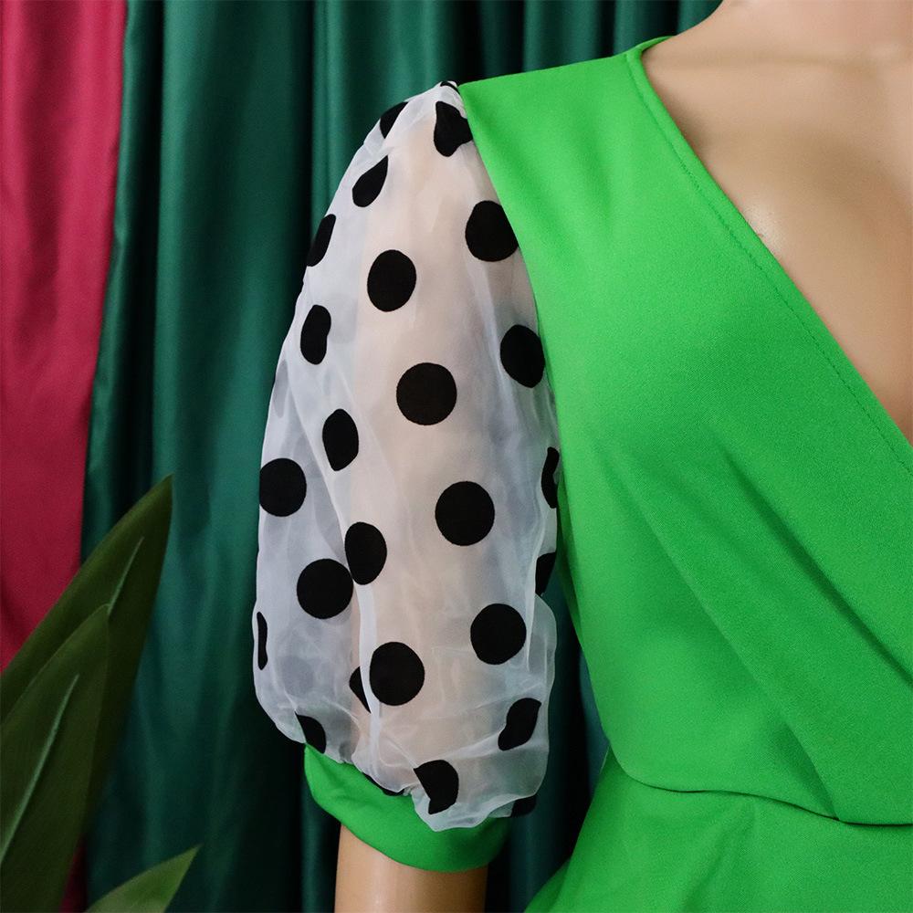 Modisches, lässiges Patchwork-Kleid für Damen im europäischen und amerikanischen Stil mit gepunkteten Puffärmeln und übergroßer Zunge