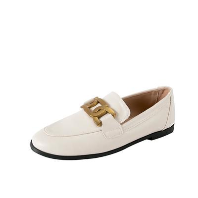 Zapatos de Cuero de Alta Calidad Cadenas Metálicas Mocasines Planos para Mujer de Punta Redonda Mules Primavera Otoño Mocasines Individuales Femeninos Cómodos Slip-on Loafers