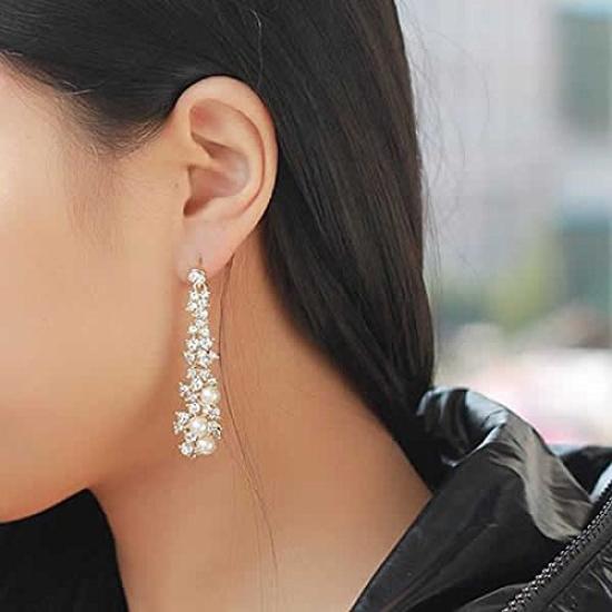 Long Pearl Bijou Earrings 1 Pair Silver 2 Pieces Left and Right Set Zirconia Crystal Ear Clip Charm Rhinestone / (color) CP158/SP