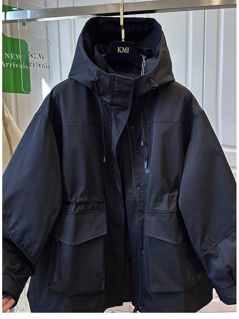 European Women's Khaki Hooded Waist-Cinching Windbreaker - Sporty Workwear Jacket for Early Spring/Autumn