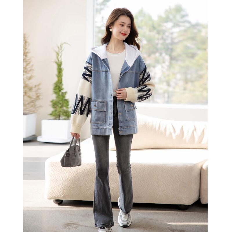 ITISF4 Chic Denim Patchwork Hooded Cardigan Sweater