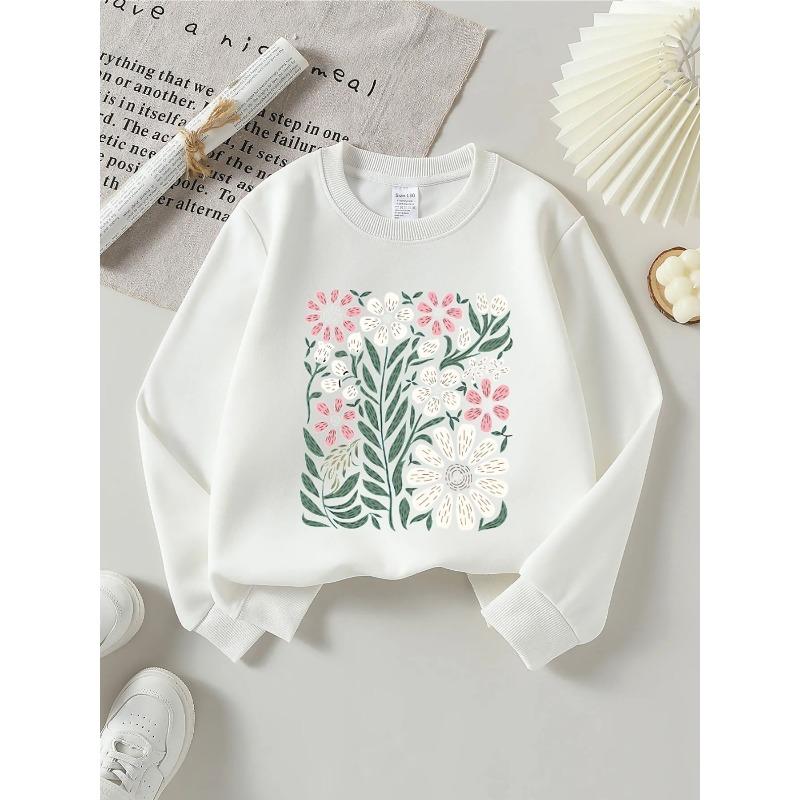 European sizes Kids' Pink & White Floral Round-Neck Hoodie - Soft Spring/Fall Casual & Sportswear, Blouse for, Playdates & Casual Attire - Comfortable