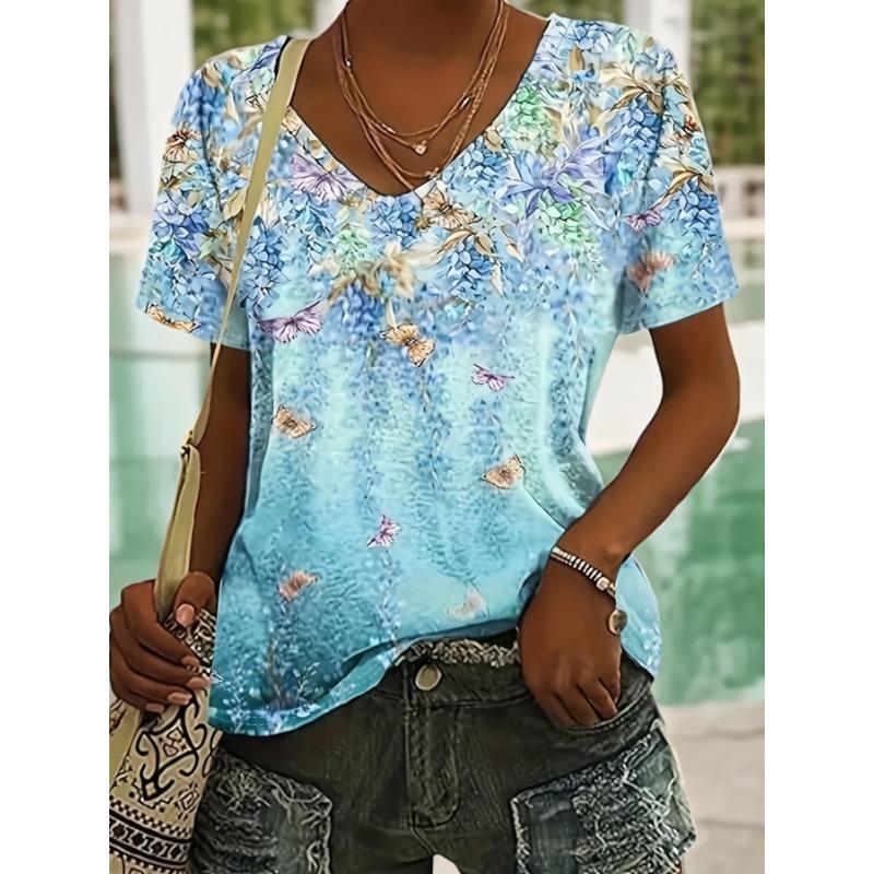Short-Sleeved V-Neck T-Shirt with a Floral Print S