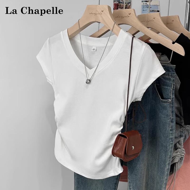 La Chapelle 2025 Damen V-Ausschnitt Falten Slim-Fit Kurzarm T-Shirt
