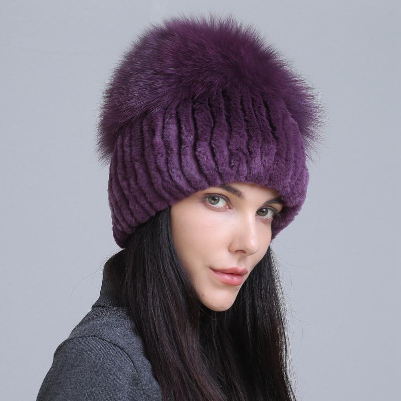 New fur hat Rex rabbit hat thickened versatile fox hair mushroom hat women's winter warm hat