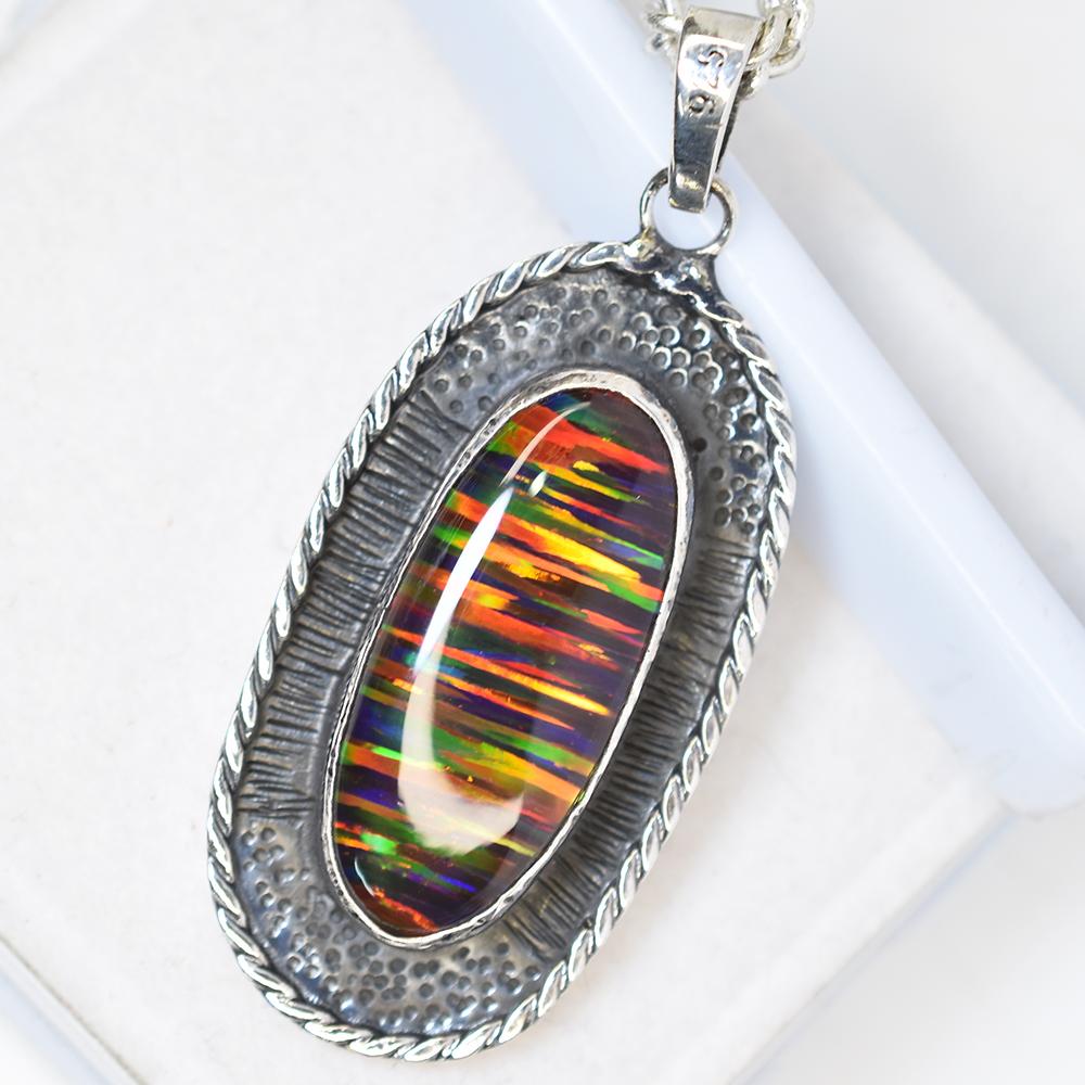 Natural Opal Necklace Fire 43 ct Multicolor 925 Sterling Silver October Birthday Birthstone