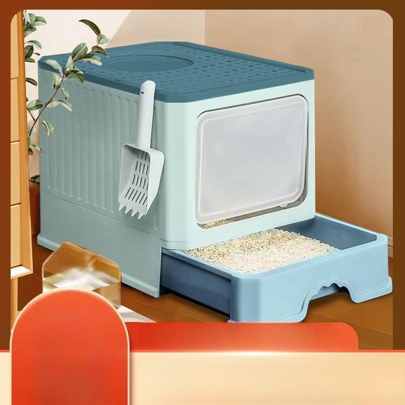 Large Foldable Enclosed Cat Litter Box with Odor Control Drawer Anti Splash Pet Toilet