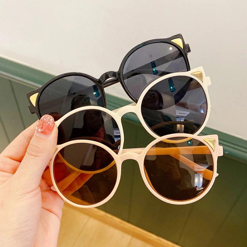 Fashion Fashionable Trendy Cat Ear Sunglasses for Kids Children Round Frame UV Protection Sun Glasses Boys Girls Summer Outdoor Eyewear