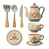 Artificial Wood Wall Decorations 7Pcs 2D Flat Kitchen Wooden Decor, Retro Teapot Tableware Themed Adhesive Art for Dining Area Art, Self?Adhesive