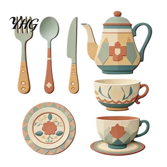 Artificial Wood Wall Decorations 7Pcs 2D Flat Kitchen Wooden Decor, Retro Teapot Tableware Themed Adhesive Art for Dining Area Art, Self?Adhesive