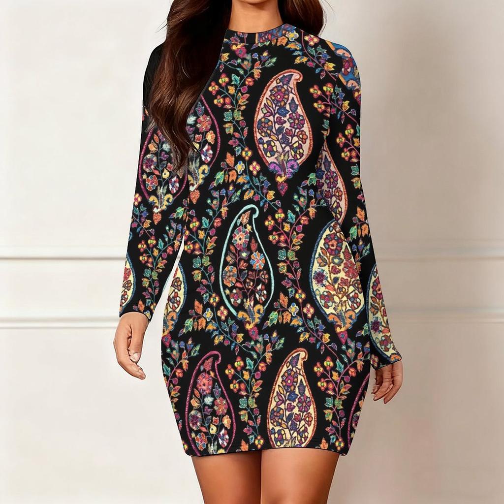 2025 Outono e Inverno Novo Estampa Floral 3D e Tingimento Moda Feminina Manga Longa Gola Redonda Vestido Envolvente de Quadril Dia dos Namorados Limitado