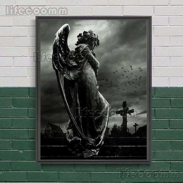 The Statue Of The Holy Angel And The Virgin Guarding The Cemetery Wall Art Canvas Painting Sacred Sculpture Art Poster And Print No Frame