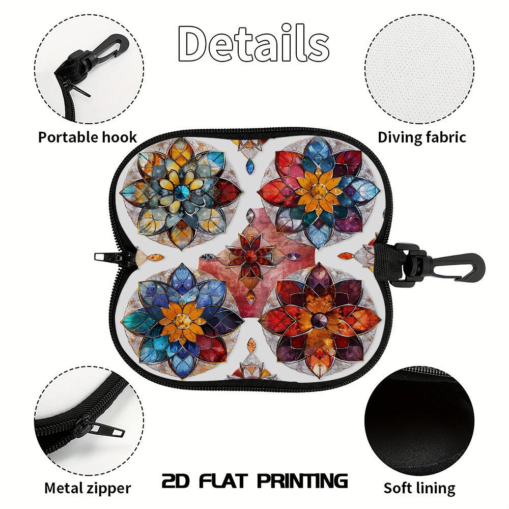 2D-Bohemian Stained Glass Flower Print Sunglasses Case, Protective Eyewear Pouch for Women, Floral Zipper Spectacle Box, Portable Travel Glasses Holde