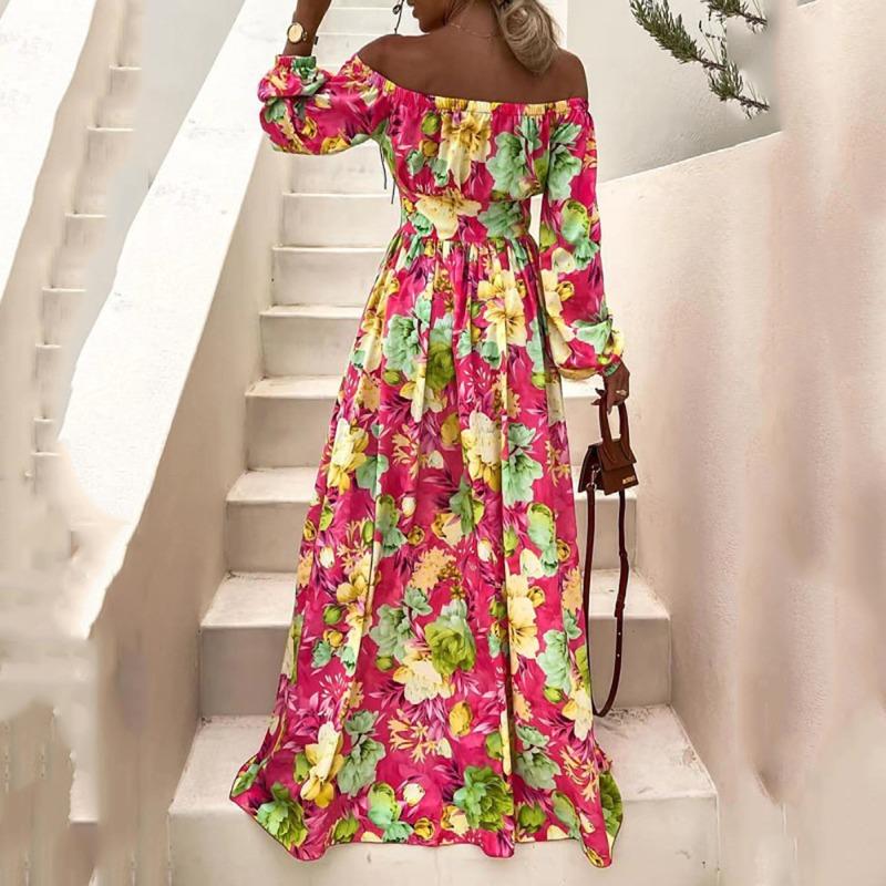 

2 summer new bohemian vacation style one-word collar big swing dress fashion print dress XXXL червоний