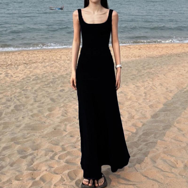 

Women s Clothing Elegant Navy Blue Sexy Solid Color Sleeveless Slip Dress Summer Inner Long Skirt French Style Pencil Dresses S чорний