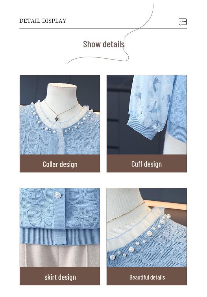 Elegant Spring Knit Top: Stylish Jacquard Seven-Sleeve Design for Moms, Perfect Base Layer for Middle-Aged and Elderly Women