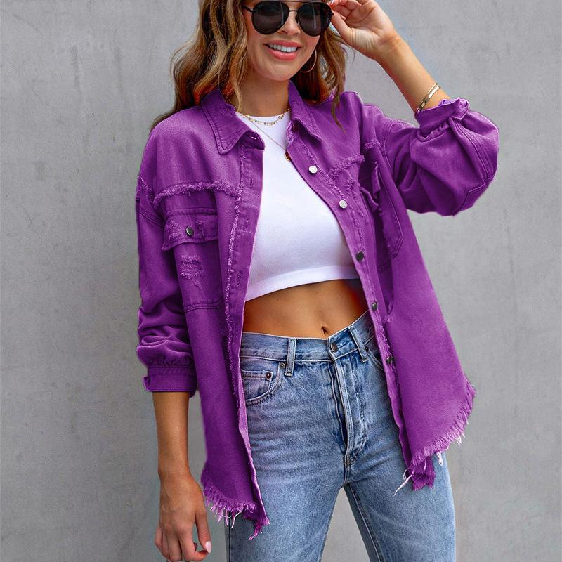 VAYLA Holes Raw-edges Denim Jacket Women Spring Autumn Shirt Style Jeancoat Casual Top Rose-Red Orange Purple Outerwear Lady Coat