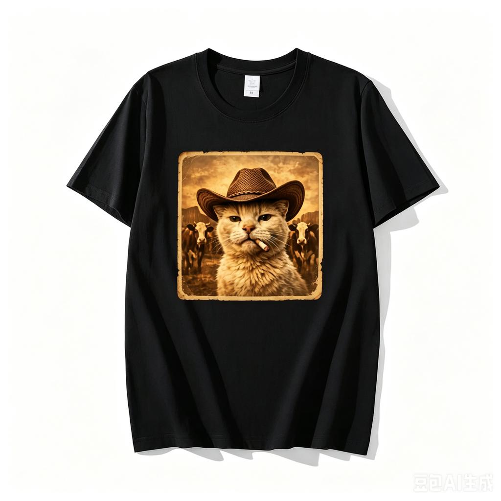 Funny Cowboy Cat Meme T Shirt Unisex Western Graphic Tee Weird Cat Lover Tshirts Retro Meme T Shirts Casual Round Neck Printed Tops