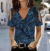 Women V Neck Cold Shoulder Blouse White Country Rock Letter Leopard Stripe Print Short Sleeve Top