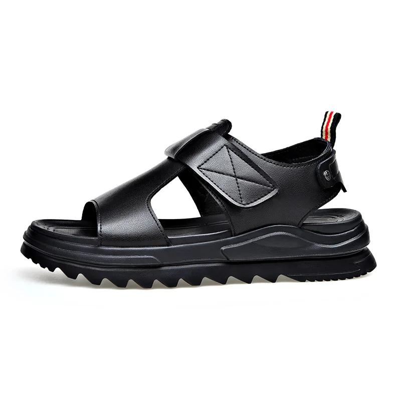 Cow Leather Men's Sandals 2025 Summer New Designer Soft Sole Casual Beach Shoes Male Black Platform Sandals Man