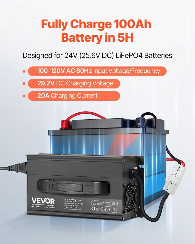 24V 20A Lithium Battery Charger 29.2V AC-DC LiFePO4 Smart Charger for RV