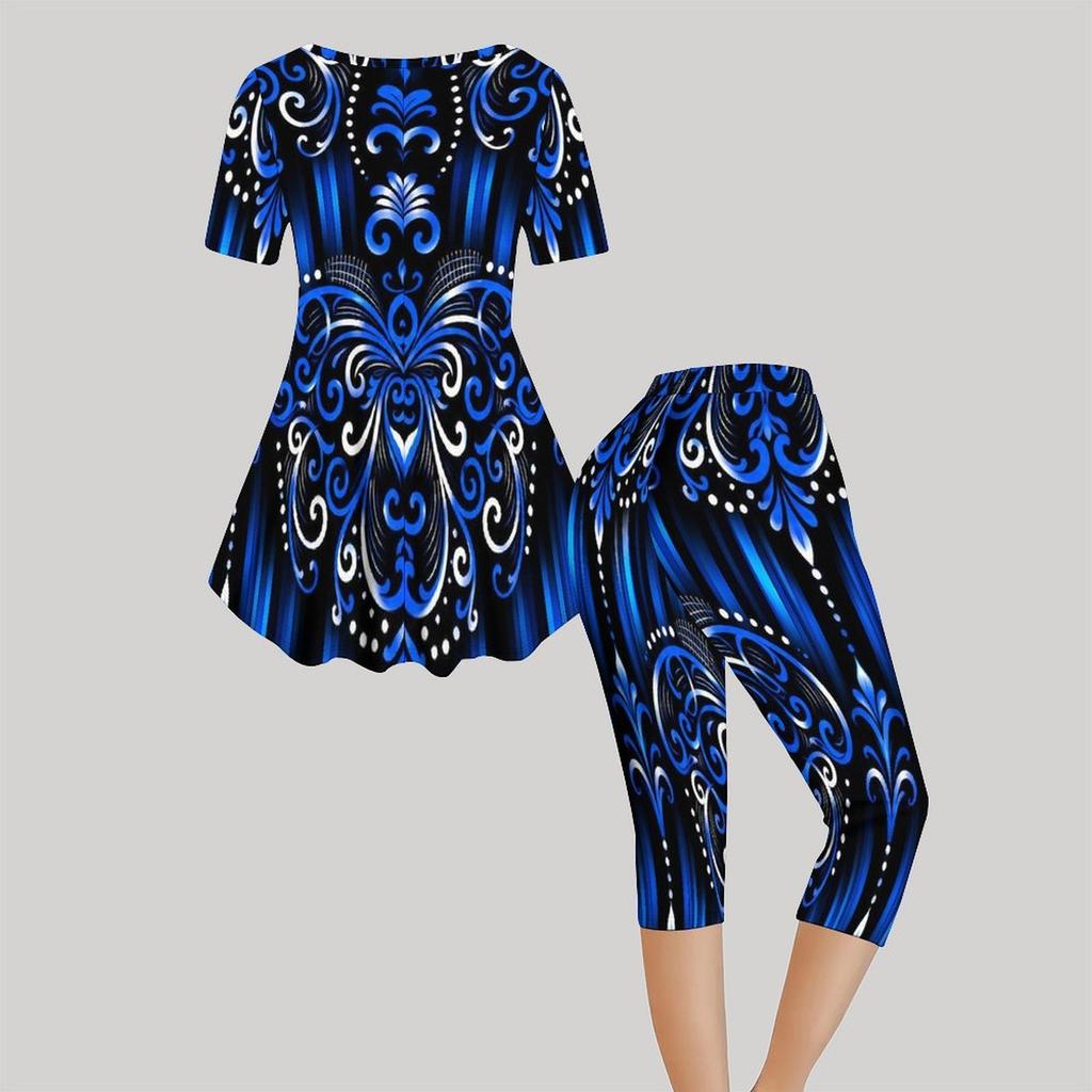 Women Plus Size Blue Black Printed Round Neck Short Sleeve Flared Top Capri Pants Two Piece Set