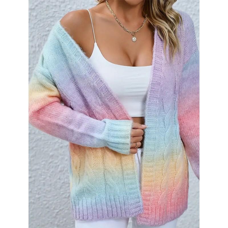 Womens Winter Rainbow Cable Knit Cardigan Sweater Long Sleeve Open Front Cozy Streetwear