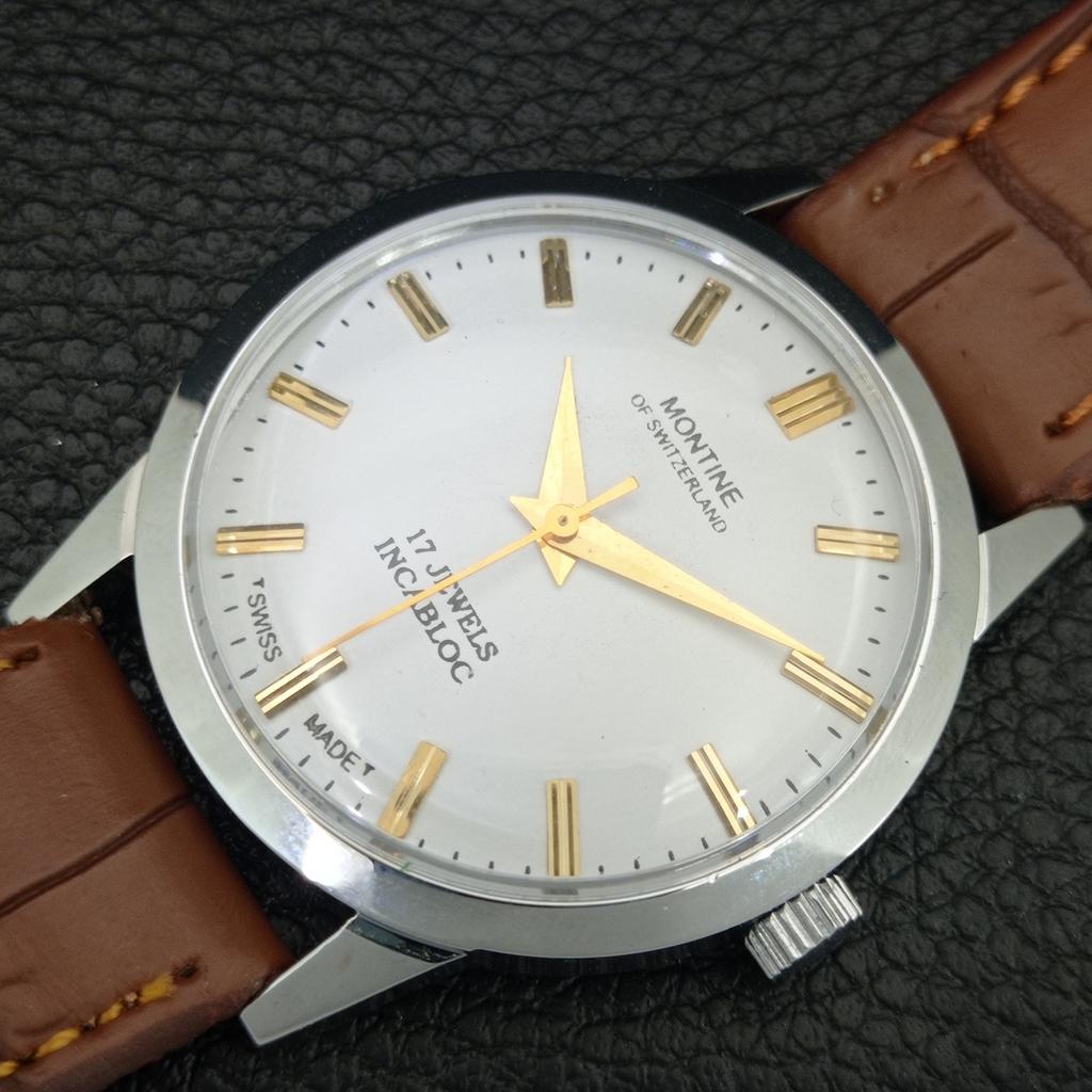 OROLOGIO DA UOMO SVIZZERO MONTINE VINTAGE A CARICA MANUALE QUADRANTE BIANCO RISTRUTTURATO a445196-1