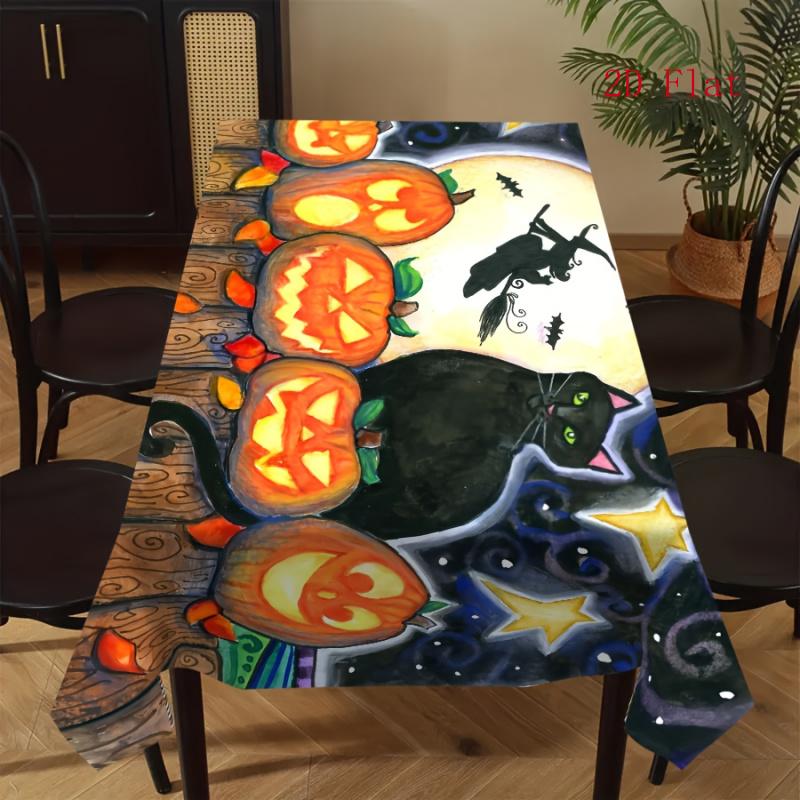 2D Flat 1pc Halloween Tablecloth - Ghost Witch, Black Cat, Pumpkin, Bat Design - Easy-To-Clean Polyester, Suitable for Indoor/Outdoor Halloween Partie